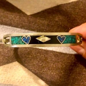 Sterling Silver 925 Mexico Hinged Bracelet Multi Stone Inlay
